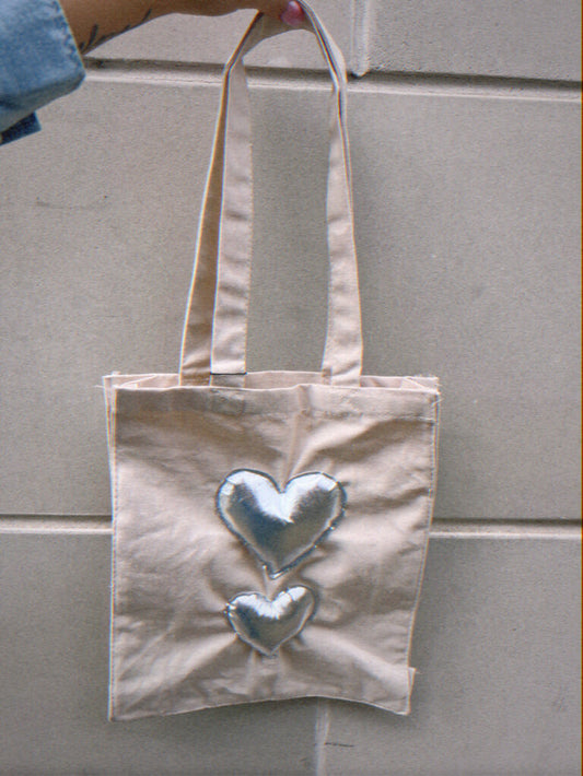 Tote Bag - 2 Silver Puffy Hearts
